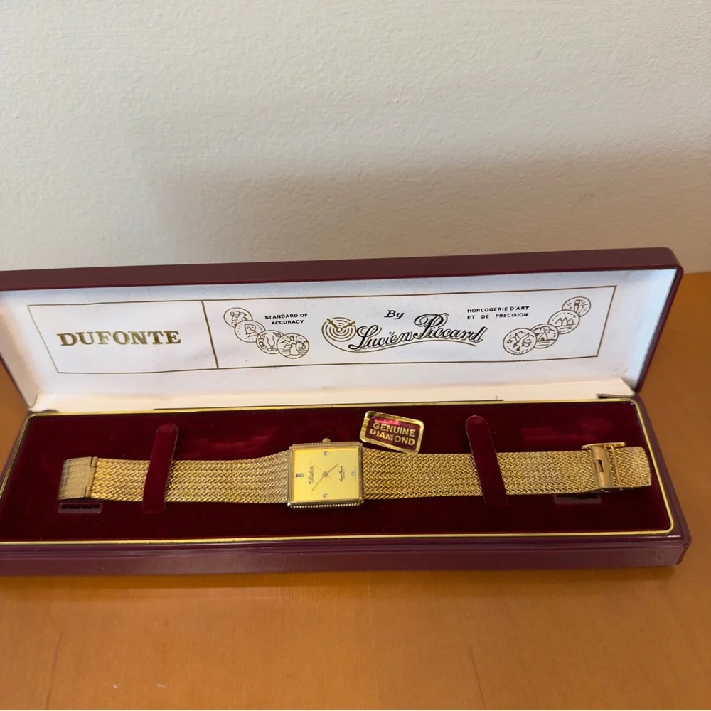 Vintage Dufonte by Lucien Piccard Gold Mesh Diamond Watch Swiss Made Box & Cert